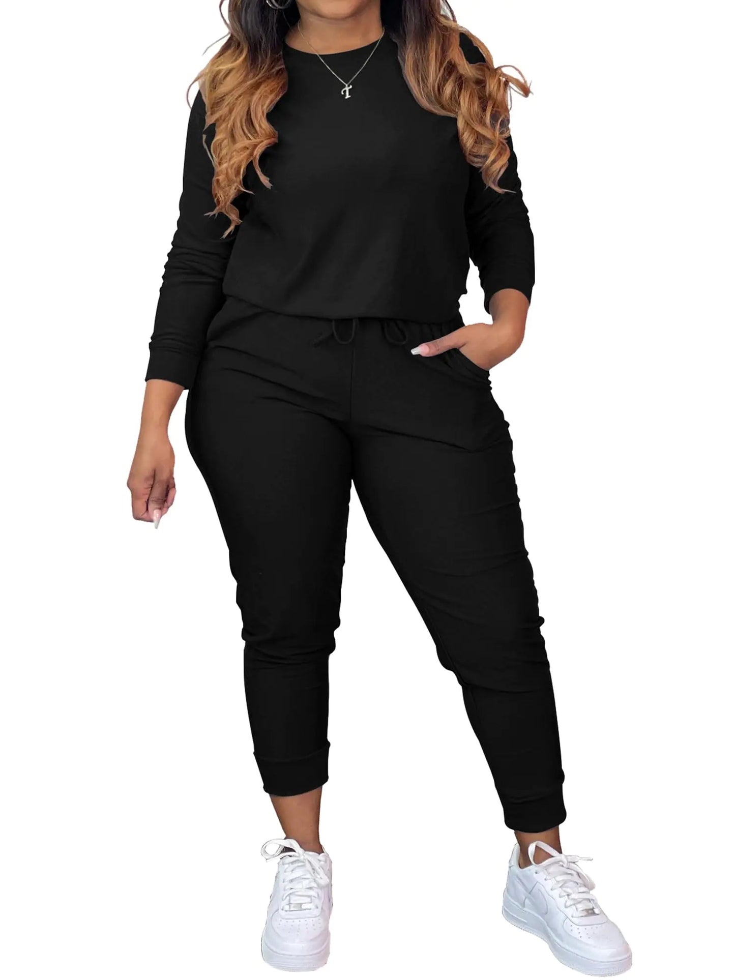 TOPSRANI Women Two Piece Outfits Casual Sweatsuits Tracksuit Solid Lounge Jogging Sweat Suits Matching Jogger Pants Sets All Black M