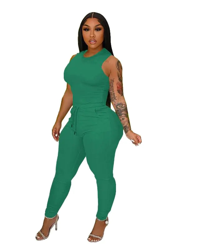 TOPSRANI Womens Two Piece Outfits Bodycon Tracksuit Sweatsuits Solid Jogger Biker Workout Gym Lounge Short Sleeve Pant Sets Green M