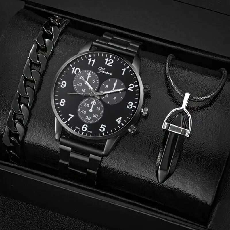 3PCS Men's Fashion Business Watches with Necklace Set