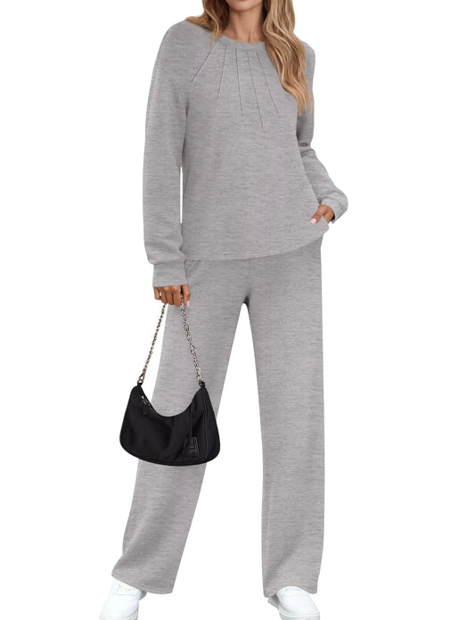 ZESICA Womens Casual Pajama sets Long Sleeve Tops Wide Leg Long Pants 2 Piece Outfits Lounge Sets with PocketsLight GreyX-Large