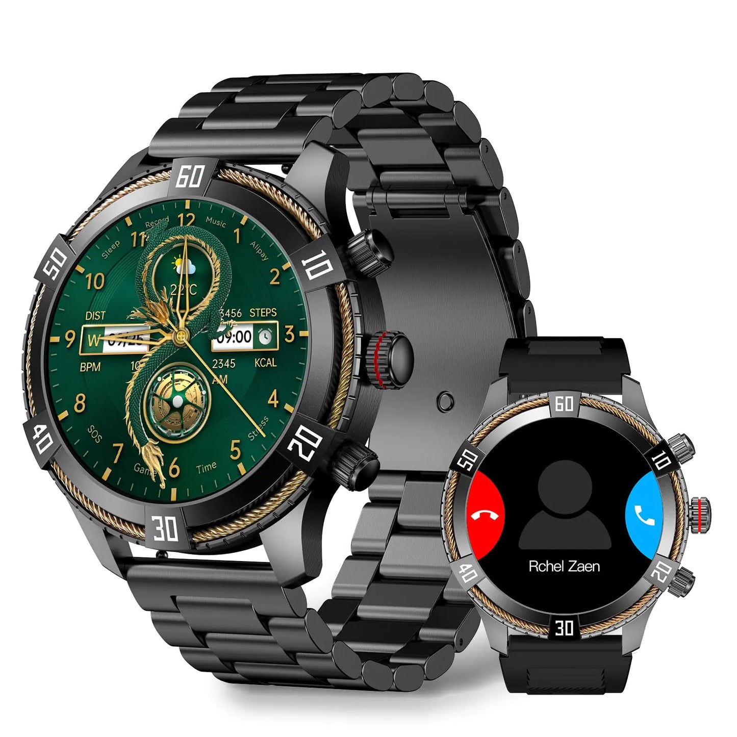 OHUGNA Smart Watch for Men Bluetooth Answer/Make Call 1.43" AMOLED Display Luxury Smartwatch Fitness Tracker with 100+ Sport Modes Heart Rate/Sleep Monitor for iOS Android 2 Watch Bands (Black)