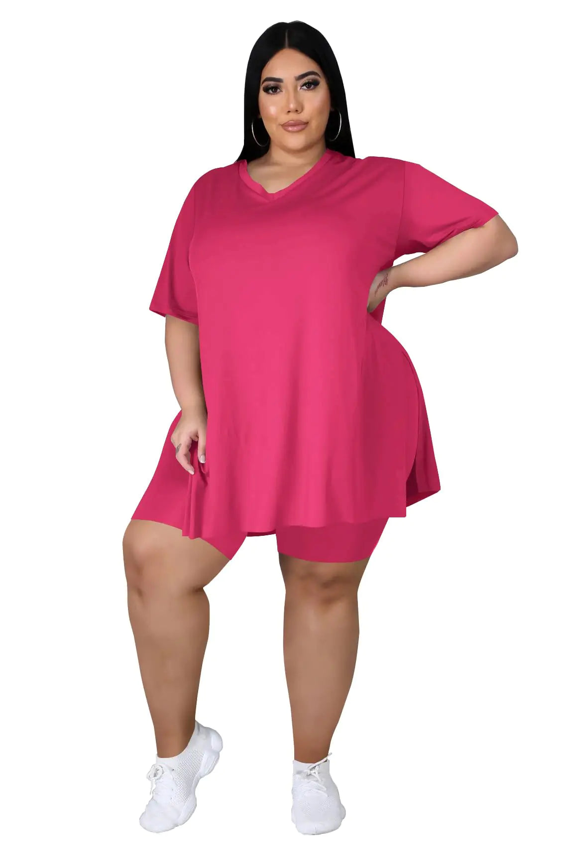 Tycorwd Womens Plus Size Two Piece Outfits Loungewear Sets Summer Oversized Tshirts Shorts Sweatsuits Sets Rose Red 3XL